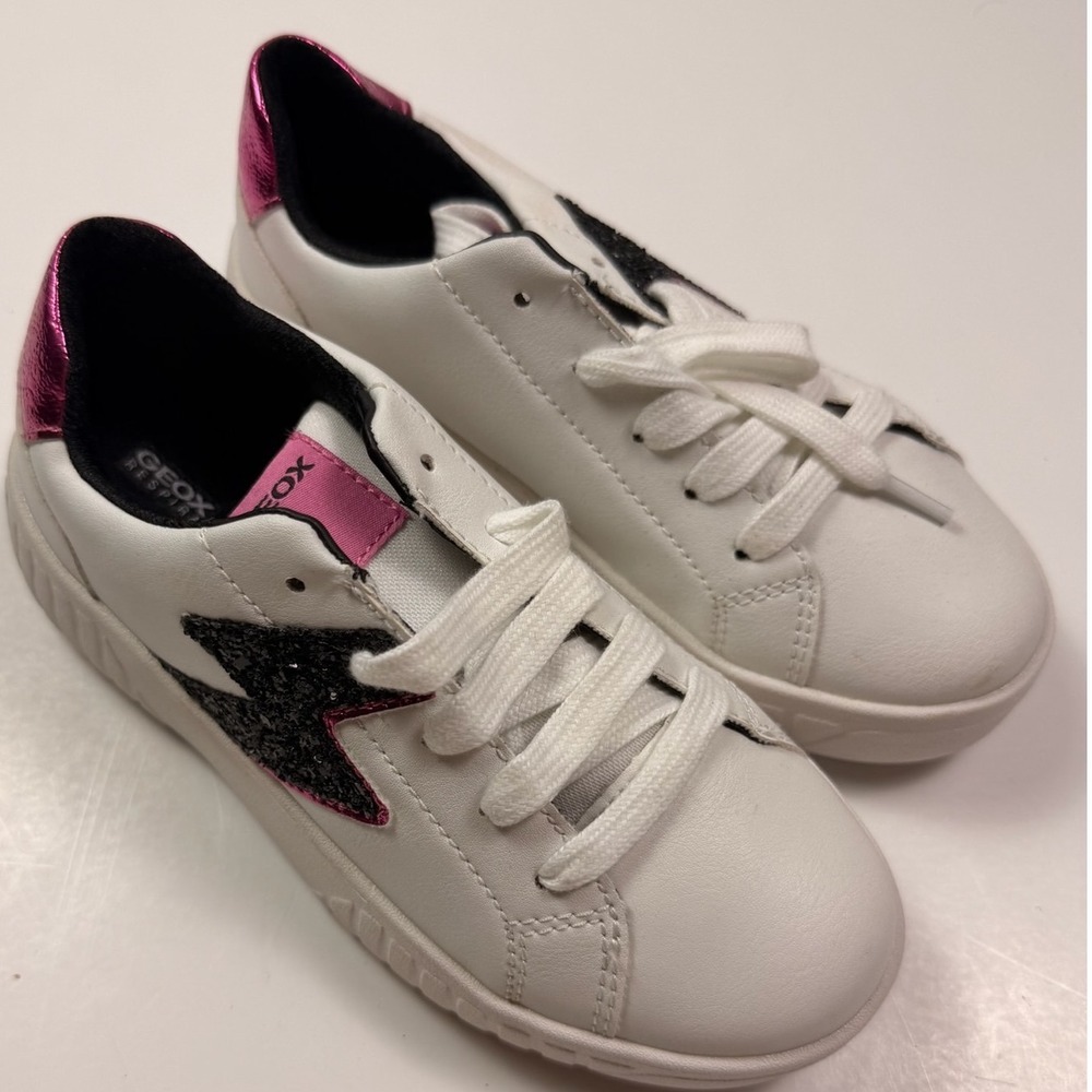 Geox Respira White Leather Glitter Lightning Bolt Sneakers Metallic Pink 30